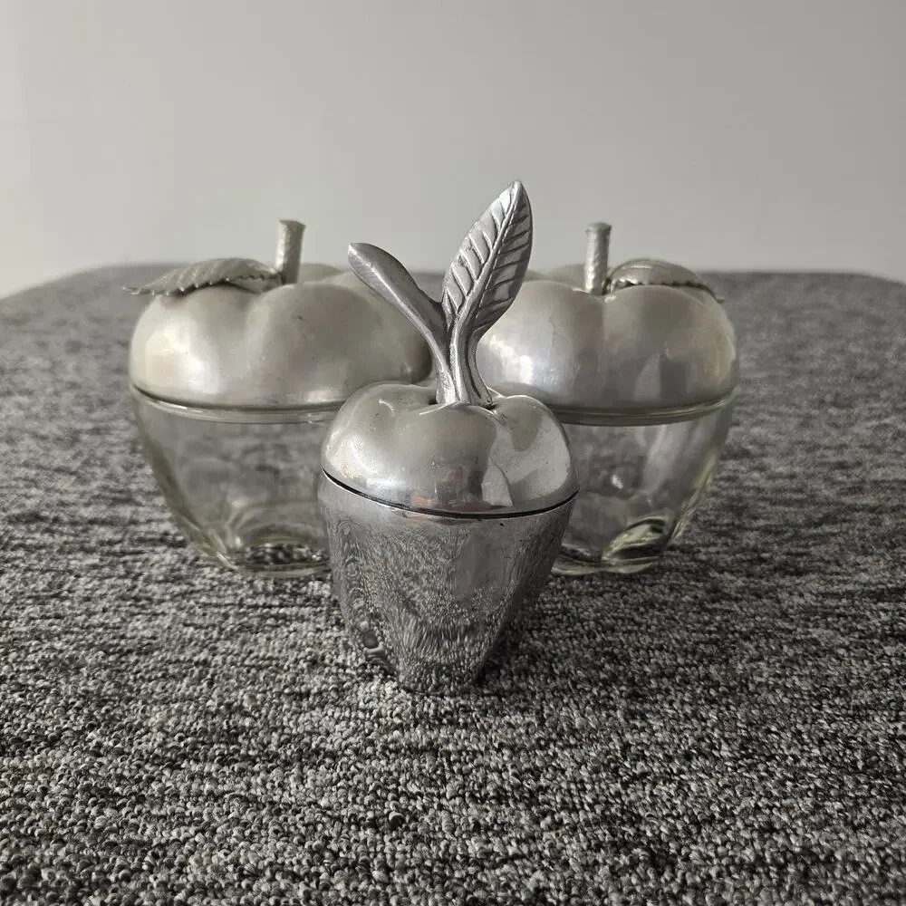 2 Decorative Glass & Pewter Apple Jars & 1 Solid Pewter Trinket Box Leaf Stems